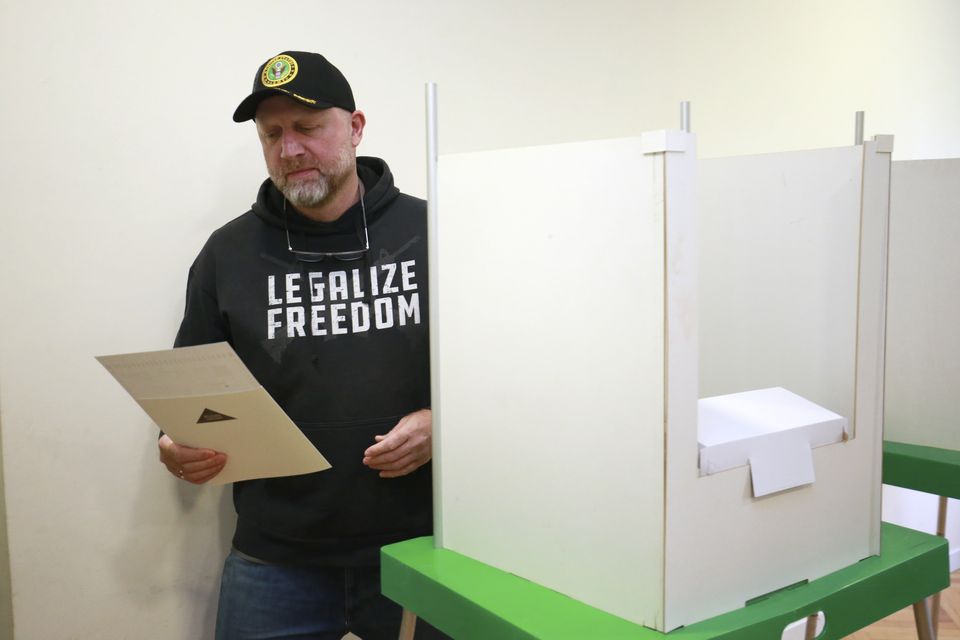 Zurab Japaridze, chairman of the Girchi More Freedom party, votes at a polling station in Tbilisi (AP Photo/Zurab Tsertsvadze)