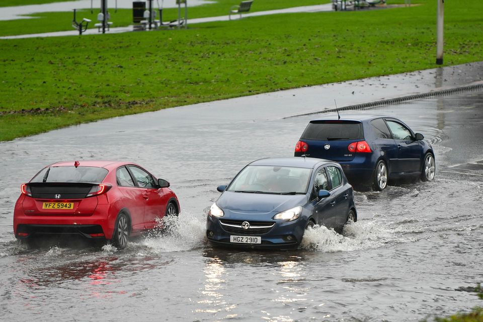 Flooding on the A2 Shore Road at Jordanstown as Storm Bert hit Northern Ireland. Photo: Andrew McCarroll/ Pacemaker Press