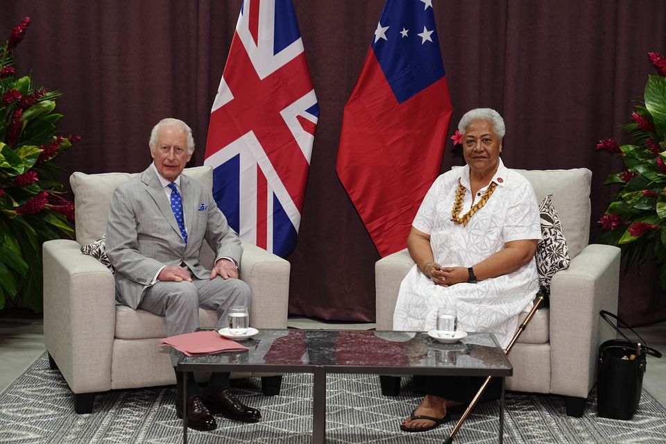 The King at an audience with Samoa’s Prime Minister Afioga Fiame Naomi Mata’afa at Faleolo International Airport (Aaron Chown/PA)