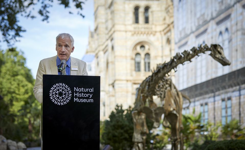 Museum director Dr Doug Gurr speaks at the unveiling the bronze dinosaur, which has been nicknamed Fern at the Natural History Museum in London (Aimee McArdle/NHMLondon/PA)