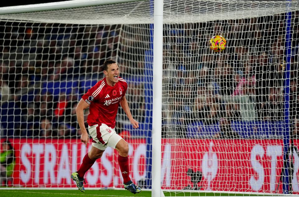 Chris Wood celebrates his second goal (Mike Egerton/PA)