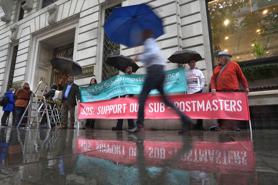 Campaigners outside Aldwych House, central London, where the Post Office Horizon IT inquiry is taking place (Jordan Pettitt/PA)