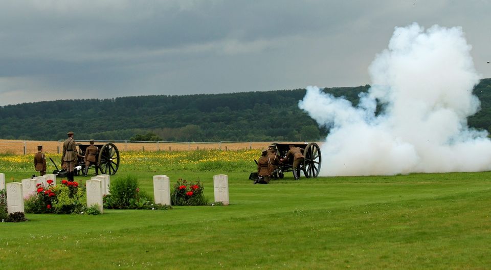 A gun salute during the Commemoration of the Centenary of the Battle of the Somme at the Commonwealth War Graves Commission Thiepval Memoria on July 1, 2016 in Thiepval, France. (Photo bt Yui Mok - Pool/Getty Images)
