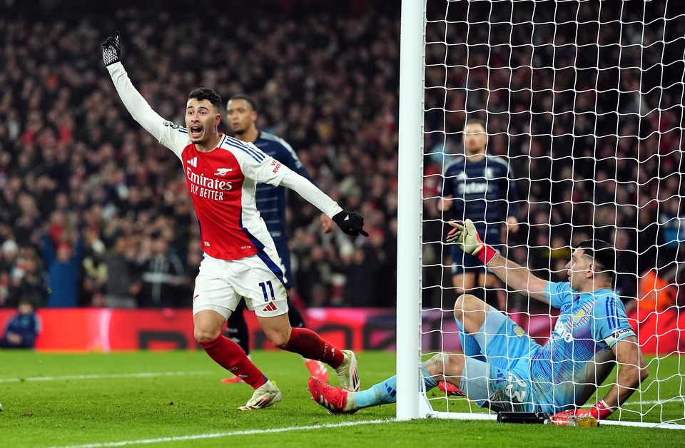 Aston Villa goalkeeper Emiliano Martinez fails to stop Gabriel Martinelli from scoring Arsenal’s first goal (Zac Goodwin/PA)