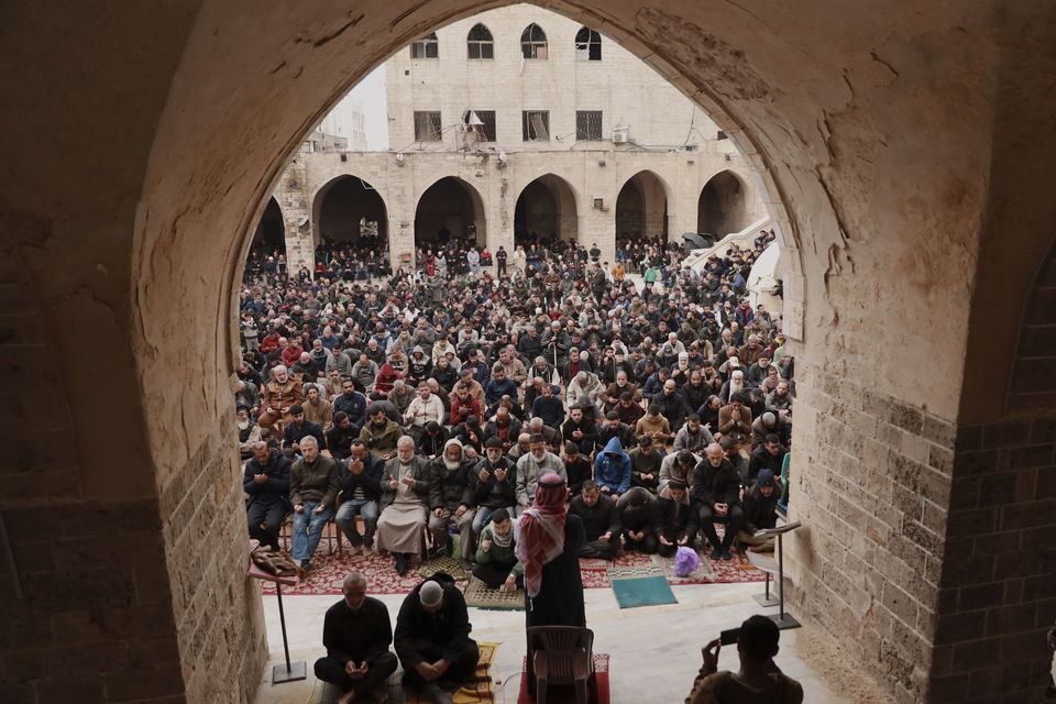 Palestinians gather in a mosque during the funeral of Hamas leader Rawhi Mushtaha, killed last year by the Israeli military (AP/Abed Hajjar)