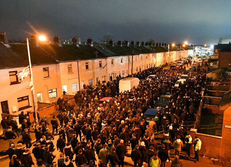 PACEMAKER PRESS BELFAST 07-11-24
UEFA Conference League - League Phase
Match Day 3 
Larne v St Gallen
Around Two Thousand St Gallen fans march to this Evening’s game at the NFS @ Windsor Park, Belfast.

Photo - Andrew McCarroll/ Pacemaker Press