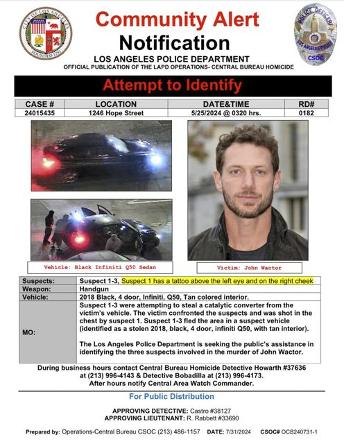 Notification showing images of three suspects and a getaway car (Los Angeles Police Department/AP)