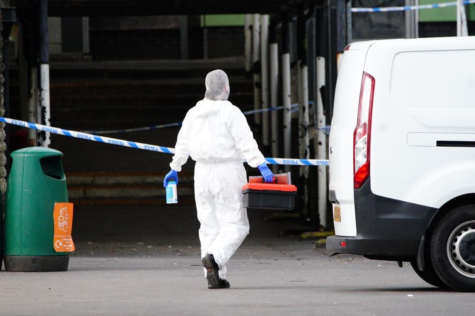 Forensic investigators at Amman Valley school, in Ammanford, Carmarthenshire (Ben Birchall/PA)