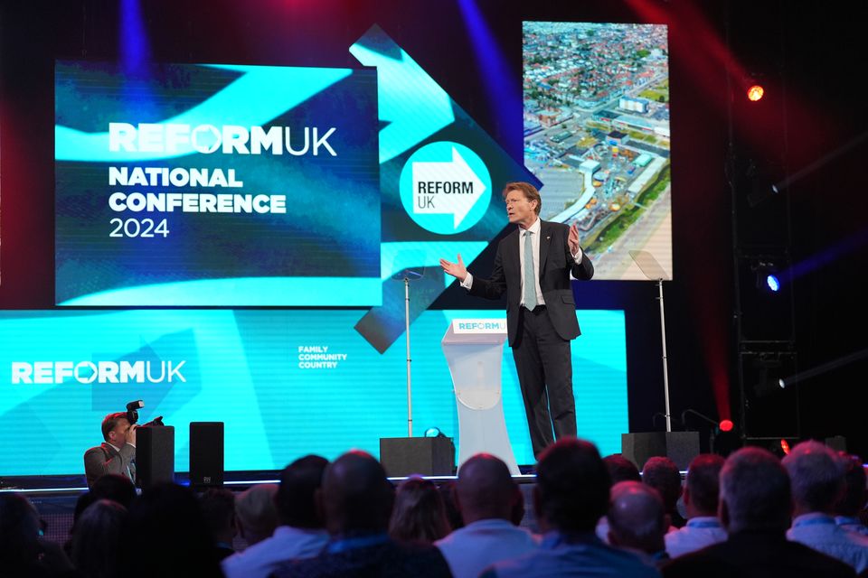 Richard Tice, deputy leader of Reform UK, speaks at the party’s annual conference at the National Exhibition Centre in Birmingham (Joe Giddens/PA)