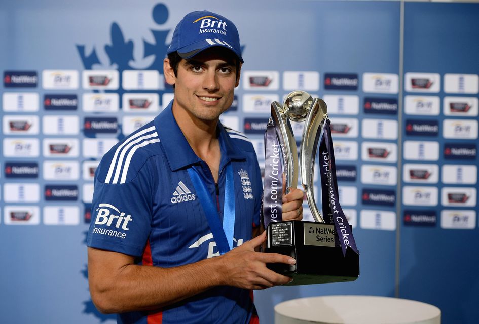 England captain Alastair Cook poses with the NatWest Series trophy after beating West Indies (Gareth Copley/POOL)