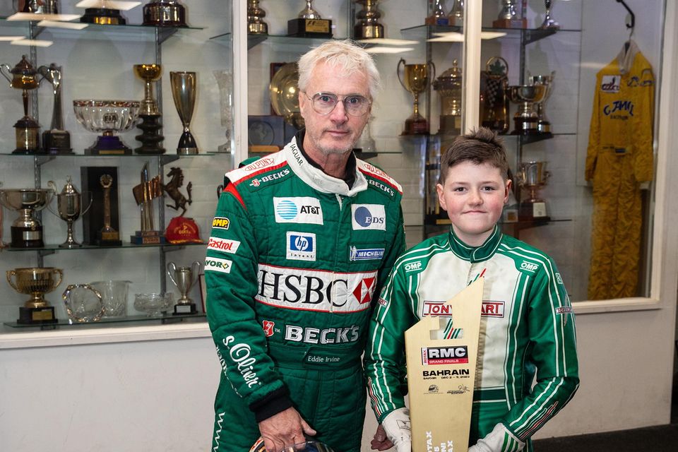 Recently crowned World Rotax 125 Mini Max Champion, Rory Armstrong, from Downpatrick shares a karting session with Eddie Irvine at the Formula One driving ace’s EI Sports kart track in Bangor, Co Down. (Photo by Graham Baalham-Curry)