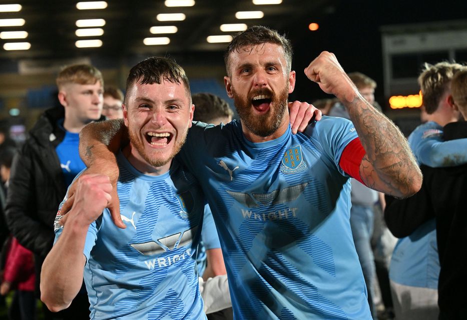 Goal scorers Steven McCullough and Calvin McCurry celebrate Ballymena United's victory