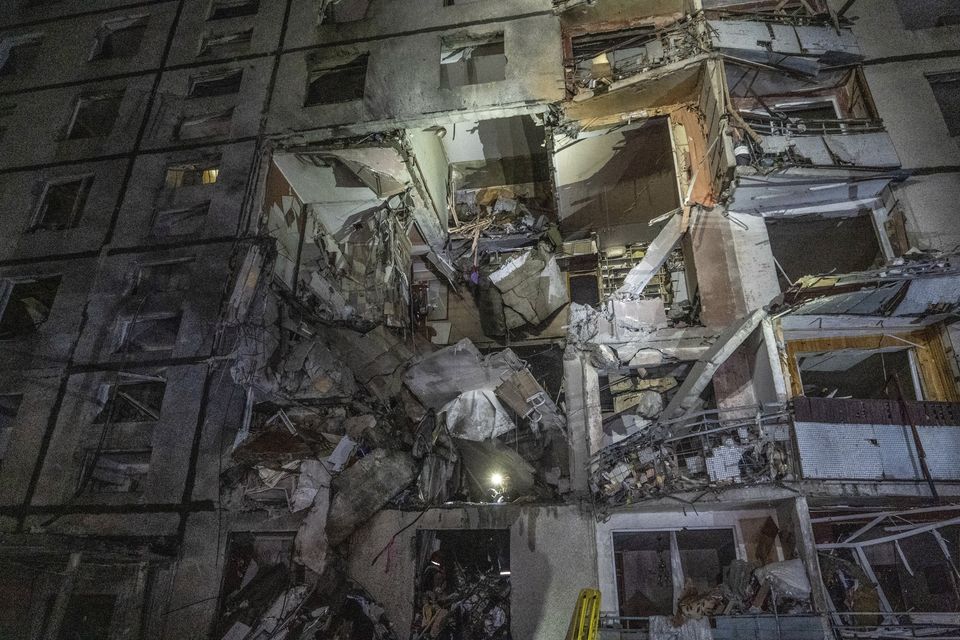 An apartment building in Kharkiv is damaged by a Russian attack (Kharkiv City Administration via AP)