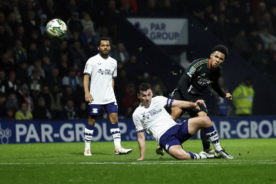 Ethan Nwaneri scores Arsenal’s second (Richard Sellers/PA)