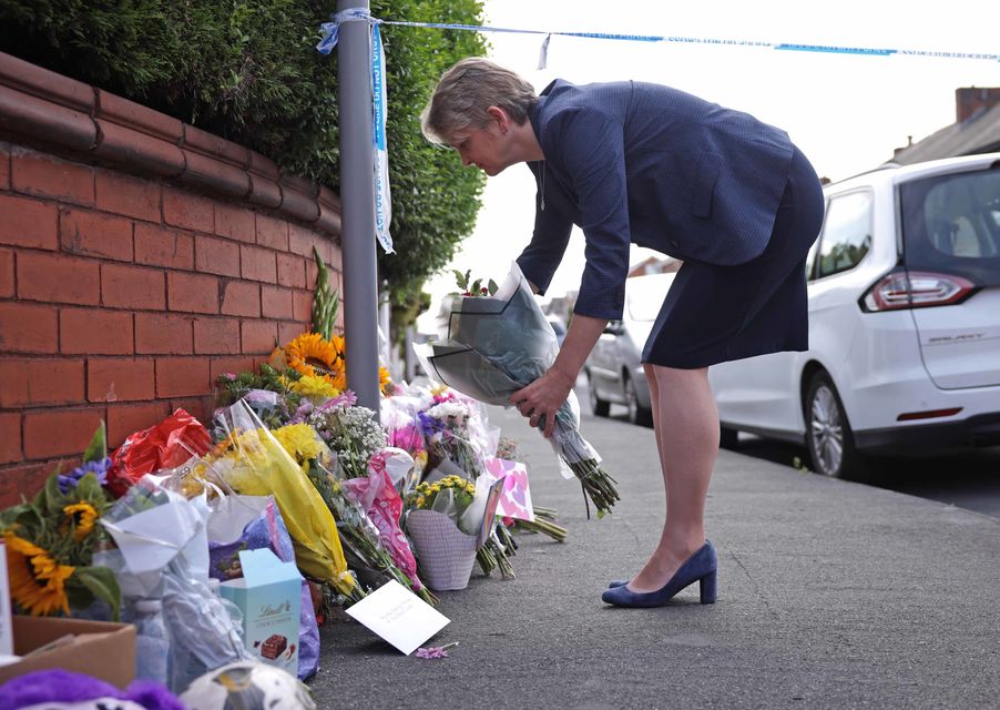 Home Secretary Yvette Cooper lays flowers near the scene in Hart Street, Southport, where three children were killed in a knife attack last week (James Speakman/PA)