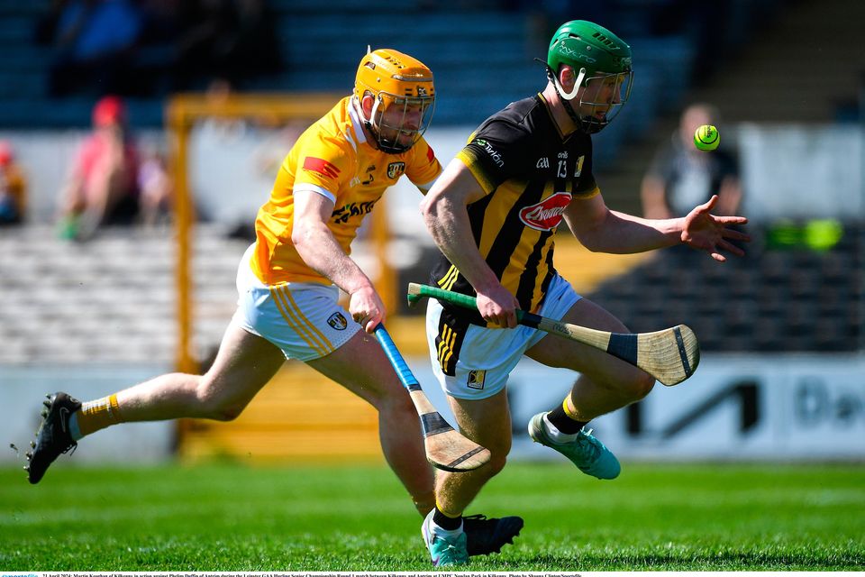 Martin Keoghan of Kilkenny in action against Phelim Duffin of Antrim during the Leinster GSHC match at UMPC Nowlan Park. Photo: Shauna Clinton/Sportsfile