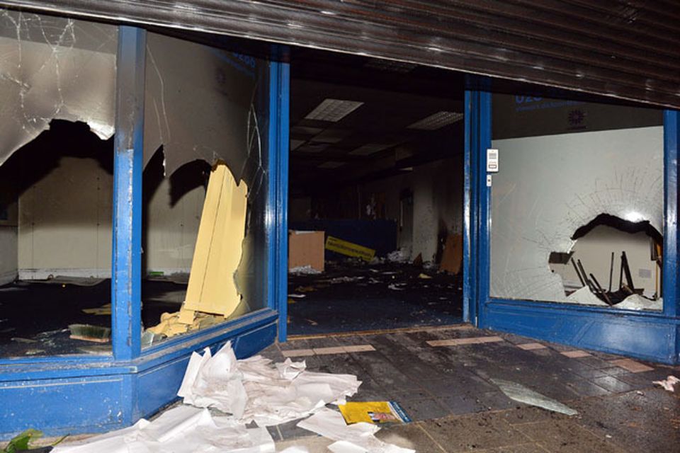 Alliance party office which was set on fire in Carrickfergus after a protest rally over the Union flag