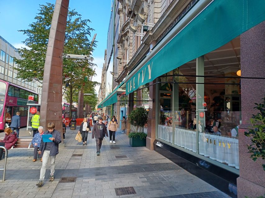 The view down Royal Avenue from The Ivy. Its famous shepherd's pie is 29% cheaper in Belfast than Dublin