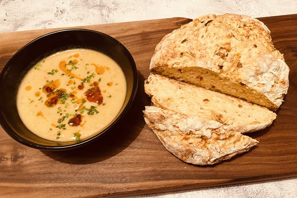 Lentil and chorizo soup with onion and cheese soda bread