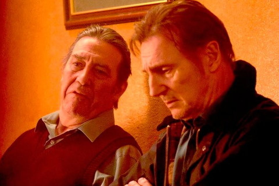 Liam Neeson and Ciaran Hinds hit the whiskey while watching An Irish ...