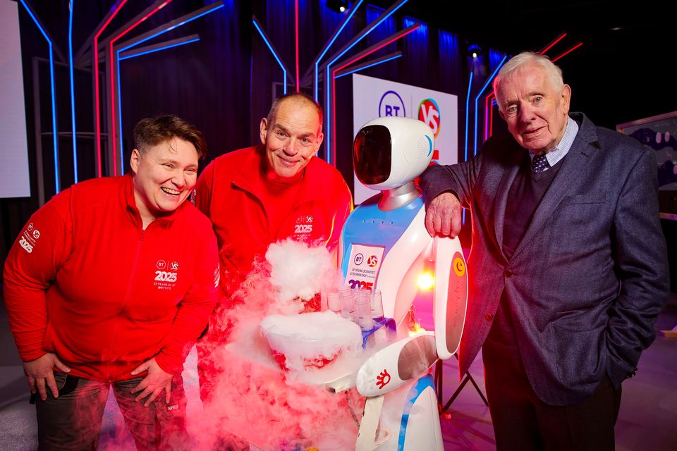 Pauline Moore and Richard Robinson from BT Northern Ireland with  Dr Tony Scott, Co Founder of the Young Scientist  who were on hand to launch the 2025 BT Young Scientist and Technology Exhibition and Primary Science Fair which takes place from January the 08 until Saturday the 11th in the RDS, Dublin.