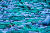 thumbnail: Naked volunteers, painted in blue to reflect the colours found in Marine paintings in Hull's Ferens Art Gallery, prepare to participate in US artist, Spencer Tunick's "Sea of Hull" installation on the Scale Lane swing bridge in Kingston upon Hull on July 9, 2016. AFP/Getty Images