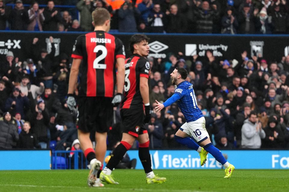 Conor Chaplin wheels away in celebration after putting Ipswich ahead (Bradley Collyer/PA)