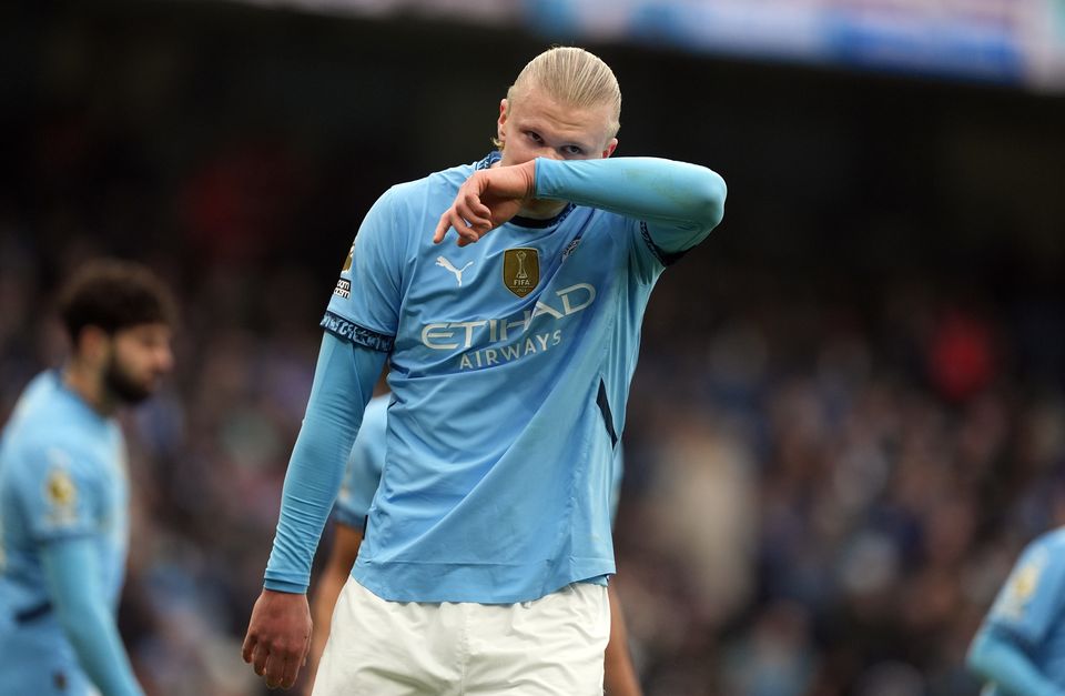 Manchester City’s Erling Haaland had a penalty saved against Everton (Martin Rickett/PA)