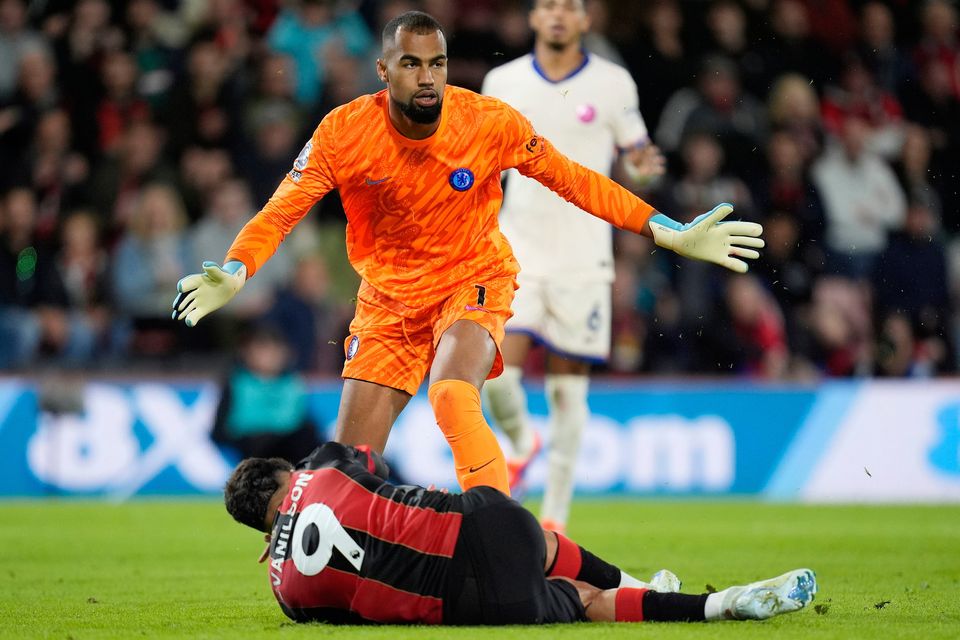 Chelsea goalkeeper Robert Sanchez reacts after fouling Bournemouth's Evanilson as a penalty kick is awarded at the Vitality Stadium. Pic: Andrew Matthews/PA Wire.