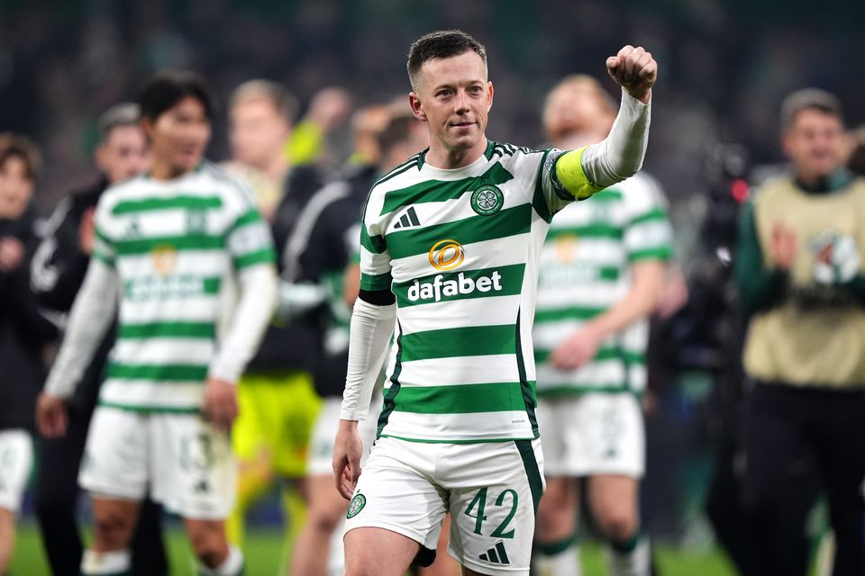 Celtic’s Callum McGregor celebrates his side’s Champions League win against Leipzig on match day four (Andrew Milligan/PA)