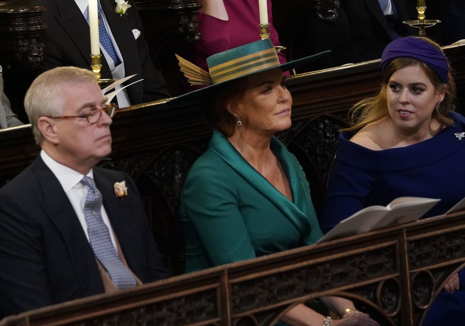 Beatrice with her parents the Duke of York and Sarah, Duchess of York at Eugenie’s wedding in 2018 (Danny Lawson/PA)