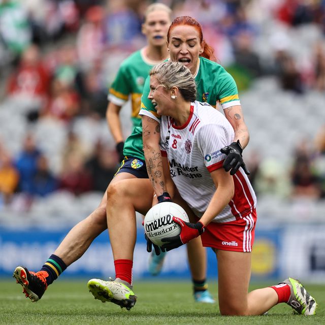 Leitrim's Charlene Tyrell tackles Aoibhinn McHugh of Tyrone 