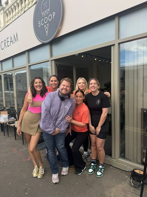 James Corden posing with local fans in Barry, South Wales (Laura Davenport/PA)