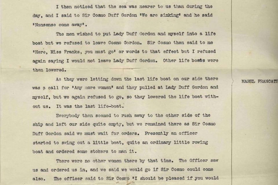 A page of the document written by Laura Francatelli, which is her eyewitness account of the sinking of the Titanic