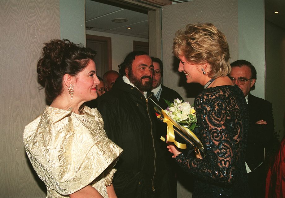 Diana chats with singer Luciano Pavarotti (centre) at a Concert of Hope raising funds for Ty Hafan Hospice in 1995 (Martin Keene/PA)