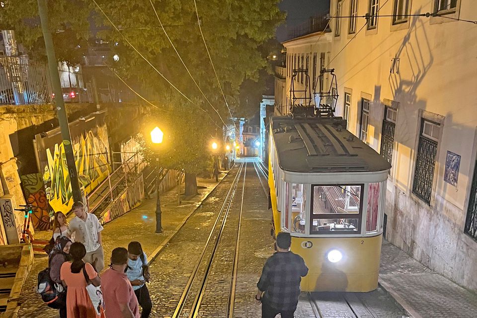 A tram at the top of one of the steep streets of Bairro Alto