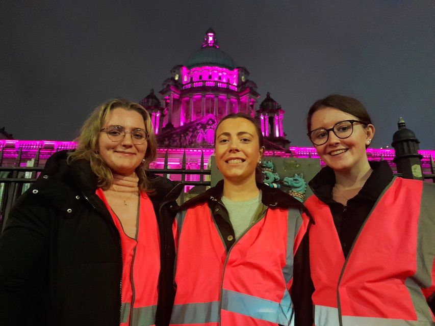 Imogen Davis-Pugh, Meabh Whitty and Caitlin Devlin, all students at Queen's University, who were among the 500 people marching through Belfast city centre to highlight the dangers faced by women