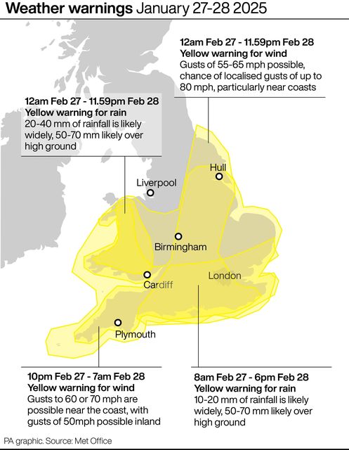 Met Office weather warnings January 27-28 (PA Graphics)