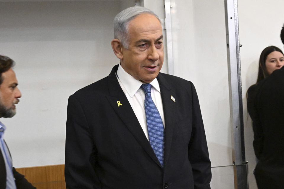 Israeli Prime Minister Benjamin Netanyahu attends the district court in Tel Aviv during his trial on corruption charges (Debbie Hill/Pool/AP)