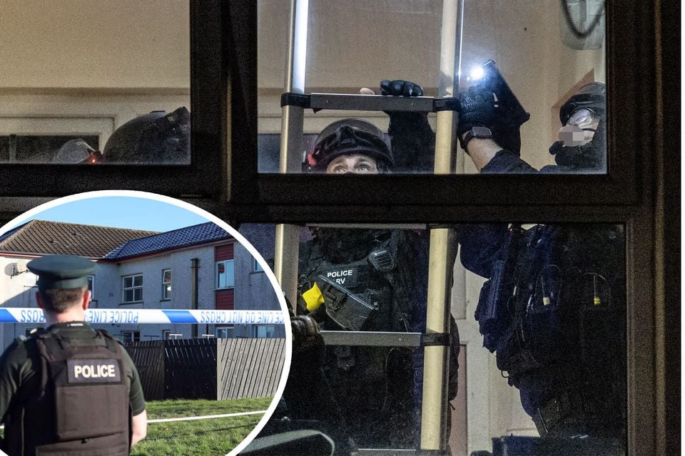 Armed response officers attended the scene in Corrainey Park overnight, while police remained at the scene on Friday morning [Inset] (Main image: Kevin Scott for Belfast Telegraph)