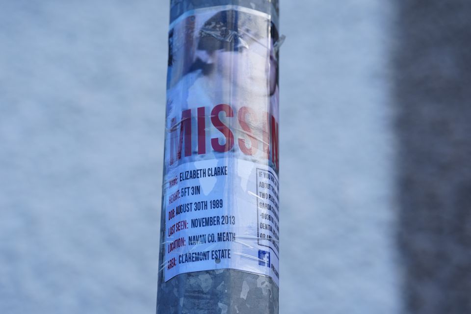 An appeal leaflet attached to a pole near the house which is being searched by Garda in Navan as the investigation into the disappearance of Elizabeth Clarke continues (Brian Lawless/PA)