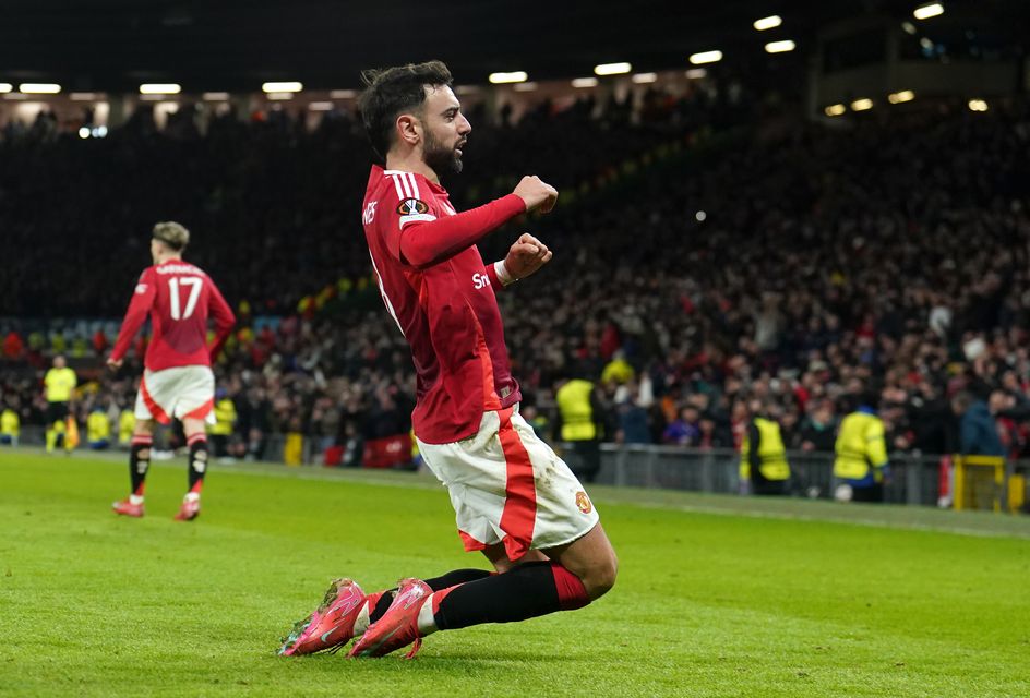 Bruno Fernandes celebrates his stoppage-time winner against Rangers on Thursday night (Martin Rickett/PA)