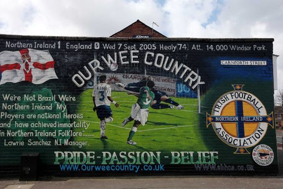 Belfast murals.  A football mural on the Albert Bridge Road in east Belfast celebrating Northern Ireland's win over England in 2005.