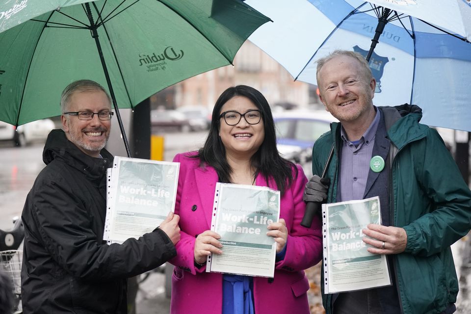 Green Party leader Roderic O’Gorman (left) with candidates Hazel Chu and David Healy in Dublin launching the Green Party’s plans to further enhance the work/life balance (Niall Carson/PA)