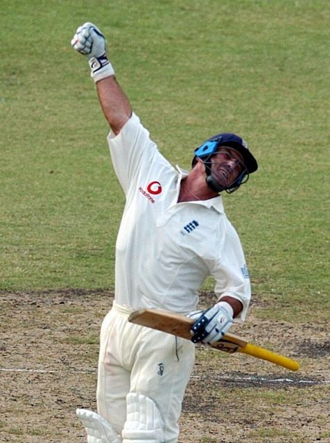 Graham Thorpe celebrates a century against the West Indies in Barbados (Rebecca Naden/PA).