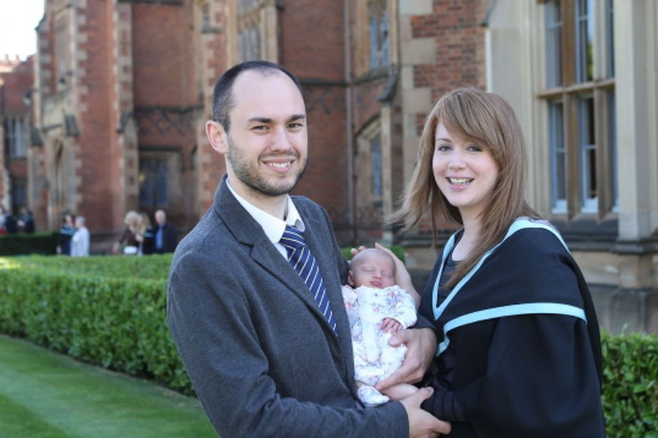 Queen's Midwifery graduate Christina Mitchell pictured with her one week old daughter Zoe Isabella Mitchell and her husband Ryan Mitchell. Christina, from East Belfast, has been awarded the Dame Mary Upritchard Prize for academic excellence in midwifery studies.  


Photo/Paul McErlanePhoto/Paul McErlane