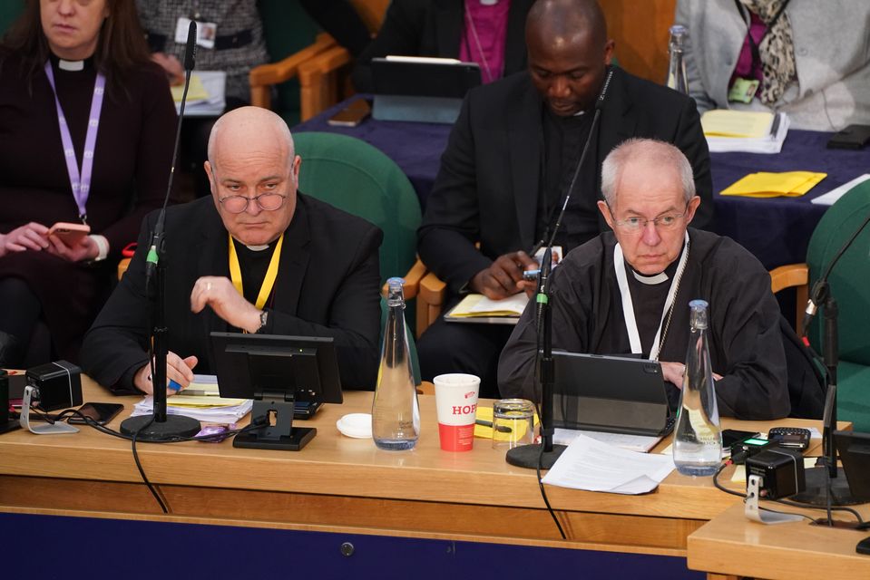 The Archbishop of York, Stephen Cottrell (left), and the former Archbishop of Canterbury, Justin Welby at a Synod in 2023 (James Manning/PA)