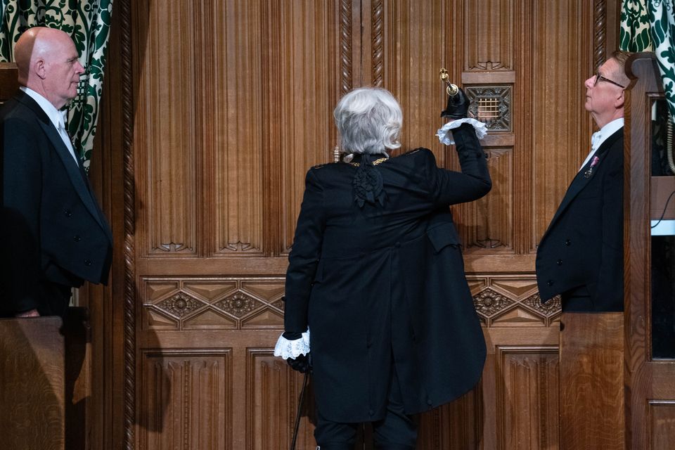 Black Rod, Sarah Clarke, bangs on the door of the House of Commons chamber ahead of the King’s Speech (Stefan Rousseau/PA)