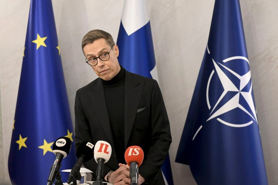 Finnish President Alexander Stubb talking to reporters about the Estlink cable disruption, at the Presidential Palace in Helsinki, Finland, on Friday(Vesa Moilanen/Lehtikuva via AP)