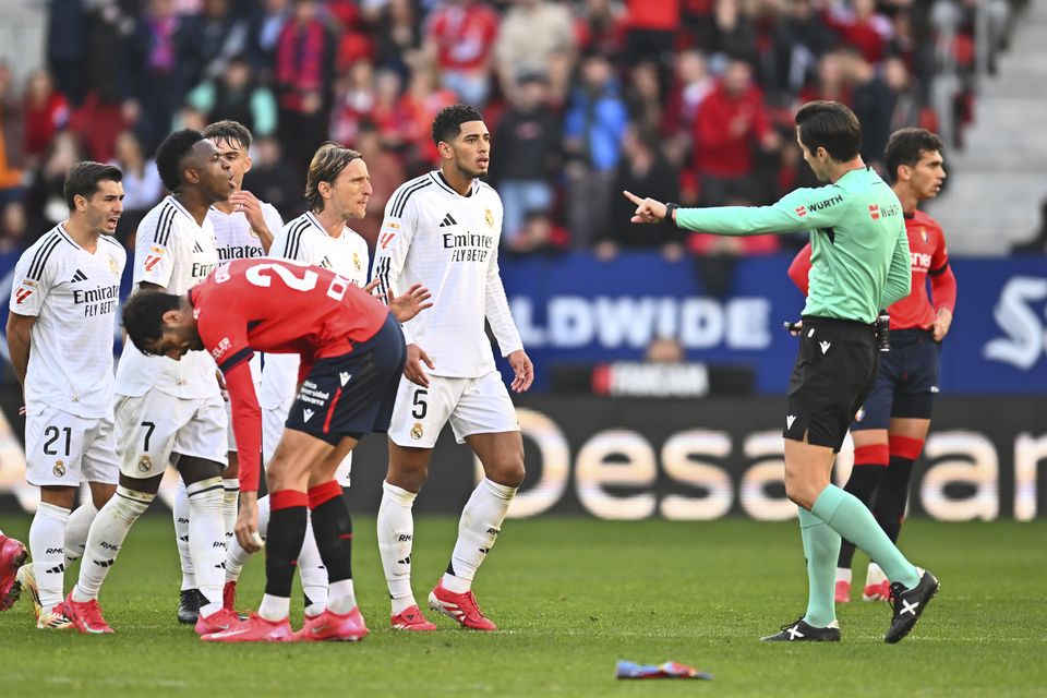 Jude Bellingham protested to the referee after the second red card of his Real Madrid career (Miguel Oses/AP)